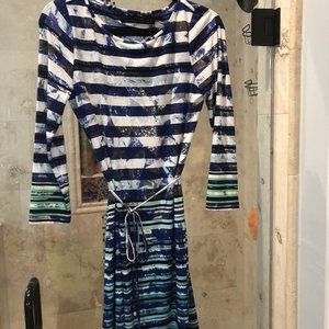 Ivanka Trump Womens S Shirt Dress Stretch Jersey Blue Abstract Waist Tie Career